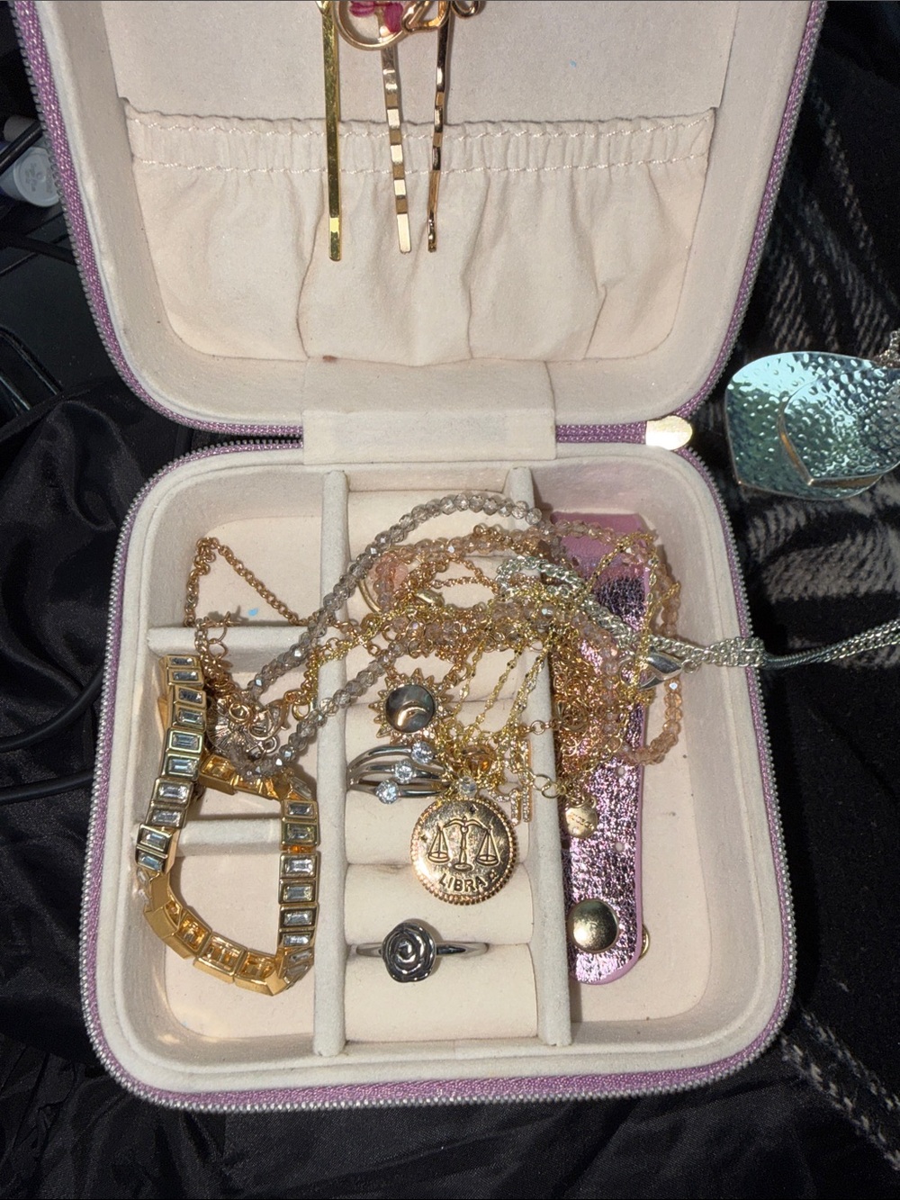 Pink Jewelry Travel Case with Mixed Gold & Silver Jewelry
